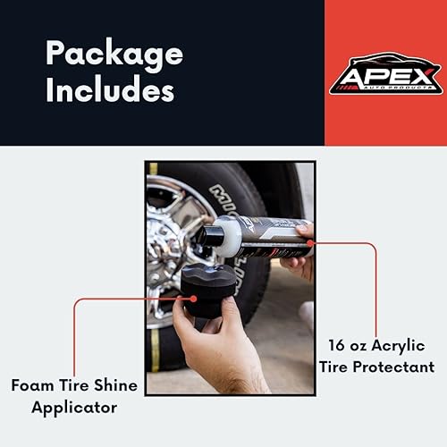 Apex Acrylic Tire Shine and Applicator - USA Made -16 oz - Semi-permanent - Multi Month Durability - Fast Drying Car Acrylic Shine - No Sling - Glossy Finish - Extreme Dressing