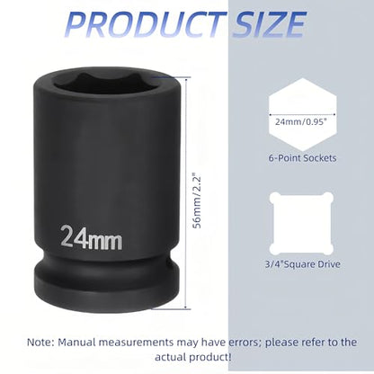 3/4"Drive x 24mm Metric, 6-Point Deep Impact Socket, Axle Nut Impact Socket | 40CR Alloy Steel,Clear labeling, Common Tools for Car Repair/Mechanical Work/Construction/Carpentry and Home Maintenance - size: 24mm