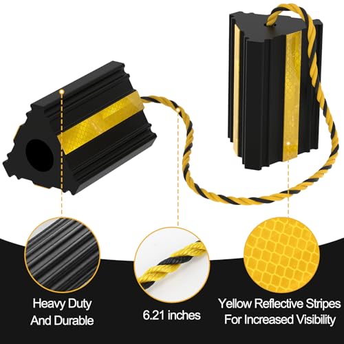 Okllen 2pair/4pack Wheel Chocks with Rope for RV Truck Trailer Camper Car, Heavy Duty Rubber Tire Chocks Blocks with 3 Reflective Strips, Anti-Roll Immobilizer Blocks