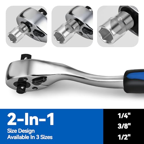 DISEN Ratchet Wrench, 2 in 1 Bit Socket Wrench with 1/4", 3/8", 1/2" Drive, 72-Tooth, Reversible, CR-V Steel Made, CR-MO Head, Dust Proof Teardrop Enclosed Head, Gifts for Men