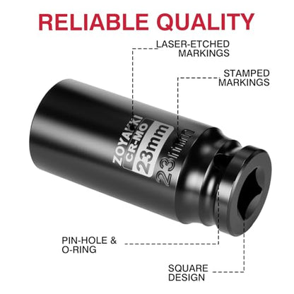 1/2" Drive 23mm Deep 6 Pt CR-MO Metric Impact Socket for Axle Nuts - size: 23mm, style: 1/2" Drive Deep
