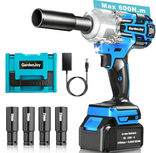 GardenJoy Cordless Impact Wrench, 1/2" 450Ft-lbs, 4.0Ah Battery & 4 Sockets | 600N.m Max Torque, with Fast Charger, for Car Tire Lug Nut Removal & Maintenance Tasks