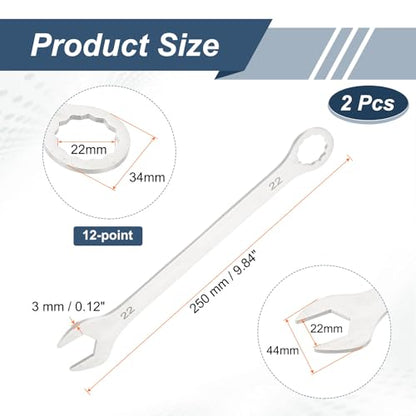 HARFINGTON 2Pcs Super Thin Combination Wrench 22mm Metric 12-Point Box and Open End Stainless Steel Double Ended Spanner Tool for Automotive Pipe Furniture Machinery DIY Repair, Silver - size: 22mm
