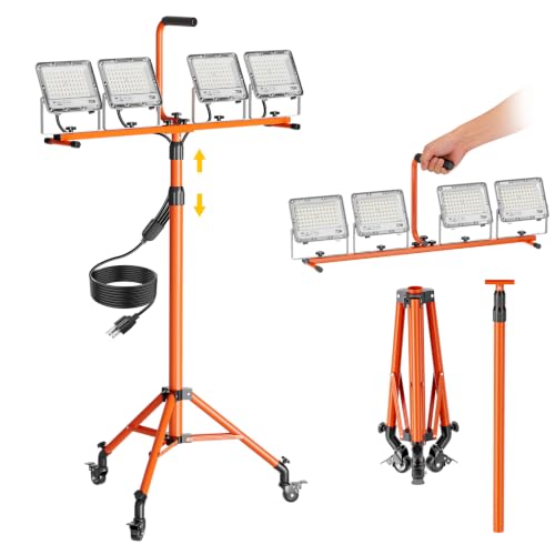 4-Head 32000LM LED Work Light with Stand & Wheel, 280W Tripod Light | 6500K, Adjustable Height, 360° rotation, IP66, Foldable, Individual Switch Light, Suitable to Job Site, Construction, Garage - color: Orange