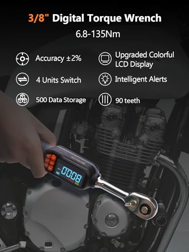Goseek Digital Torque Wrench 3/8'' Drive, 5-99.6 Ft-lbs/6.8-135Nm, 90 Tooth Torque Wrench with Buzzer & LED Indicator, Electronic Torque Wrench Set for Bike Motorcycle Car Tire Auto Repair