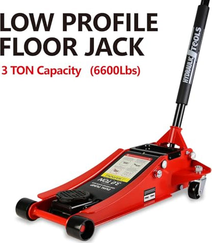 3 Ton Low Profile Floor Jack, Heavy Duty Floor Jack with Dual Pistons Quick Lift Pump, Steel Car Jack Adjustable Height 3.3"-18.5", Hydraulic Trolley Floor Jacks 3 Ton/6600 LB Capacity, Red - color: Red - 3 Ton(Dual Pump), Lift 3.3"-18.5"