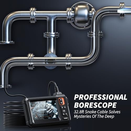 Endoscope Camera with Light, Inspection Borescope Camera with 4.3" IPS Screen, 1920P HD with 8 LED Lights, 32.8FT Semi-Rigid Cord Bore Scope, IP67 Waterproof Endoscope for Sewer, Tools(Orange) - style: 32.8FT Single Lens