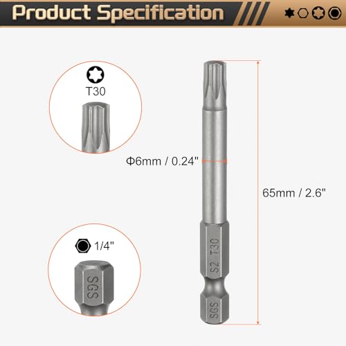 HARFINGTON 3pcs T30 Torx Head Screwdriver Bit 1/4" Hex Shank 2.6" (65mm) Long Magnetic No Hole Tip Tamper Proof 6 Point Star Screw Driver Drill Bits S2 Steel Industrial Power Screwdrivers - size: T30 x 2.6"(65mm)