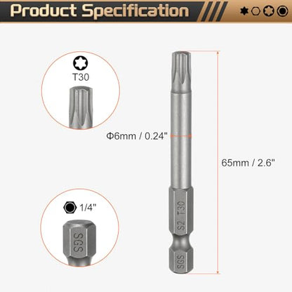 HARFINGTON 3pcs T30 Torx Head Screwdriver Bit 1/4" Hex Shank 2.6" (65mm) Long Magnetic No Hole Tip Tamper Proof 6 Point Star Screw Driver Drill Bits S2 Steel Industrial Power Screwdrivers - size: T30 x 2.6"(65mm)
