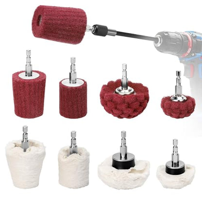 Linstyle Buffing Wheels for Drill: 9PCS Non-Woven & Cotton Polishing Wheel Kit, with Extension Holder 1/4" Hex Shank Drill Attachment Rust Removal for Car Wheel Rim Headlight, Metal, Aluminum, Brass