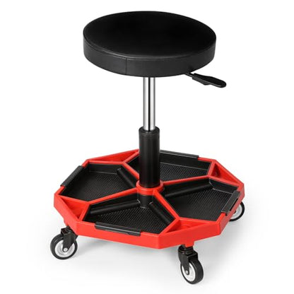 Magshion Adjustable Mechanics Stool with Wheels – 300 lbs Capacity Rolling Shop Stool for Garage & Workshop, Pneumatic Height Adjustable Work Chair with Tool Tray (Red)