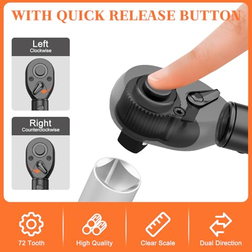 3/8" Click Torque Wrench, 10-100 Ft-Lb, 72-Tooth, ±3% Accuracy | Dual Direction Reversible Ratchet Head, Quick Release, for Spark Plug, Brake Caliper, Motorcycle, Automotive & Engine Repair - size: 10-100 ft.lb（3/8-Inch）