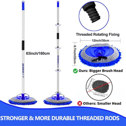 63” Long Handle Car Wash Brush Microfibre Extendable Cleaning Mop Mitt for Caravan Truck Van Tyre Window Wheel Roof 2 in 1 Interior Duster Remover Scratch Free Clean Product 3 Replacement Head