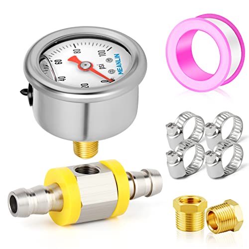 MEANLIN MEASURE 0-100Psi Stainless Steel Glycerin Filled Pressure Gauge 1/8" NPT 1.5" FACE DIAL, with 3/8" Barb Pressure Adapter Liquid Filled Pressure Gauge (9Pieces Kit, Back Mount) - size: 0-100Psi