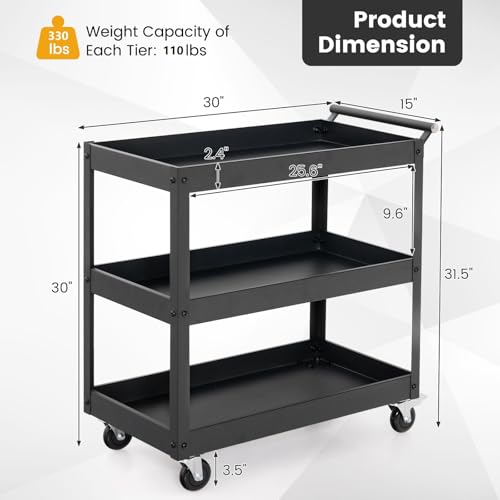 Goplus 3-Tier Utility Cart, Heavy Duty Commercial Service Tool Cart w/Lockable Wheels, 330lbs Load Capacity, Ergonomic Handle, Rolling Mechanic Tool Cart Storage Organizer for Warehouse Garage Black - color: Black