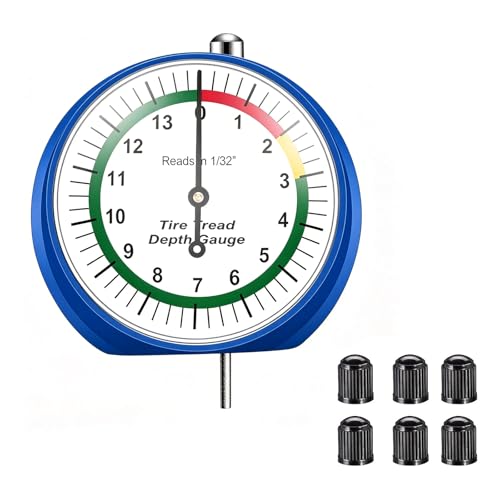 Tire Tread Depth Gauge, Dial Type Color-Coded Tread Depth Gauge, Reads in 1/32" Zinc Alloy Tire Depth Gauge with 6 Valve Caps, Professional for Motorcycle, Car,Truck and Bus