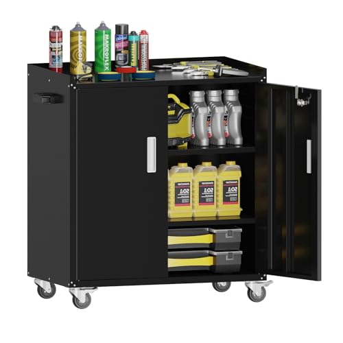 Washsemba Metal Garage Storage Cabinet with Wheels ，Lockable Rolling Tool Chest on Wheels, Utility Cabinet for Home, Office, Garage and Workshop(Black)
