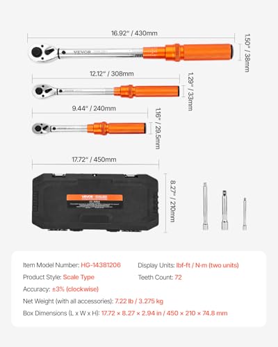 VEVOR 1/4 3/8 1/2 Inch Drive Torque Wrench, 3Pcs Click Torque Wrench Set 20-240IN-LB, 5-45FT-LB, 10-170FT-LB, Dual-Direction Adjustable 72 Tooth for Bicycle, Moto and Car Maintenance - size: 1.7-20 FT.LB, 5-45 FT.LB, 10-170 FT.LB, style: 1/4, 3/8, 1/2-Inc