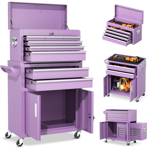 INTERGREAT Tool Chest, Assembled 8-Drawers Rolling Tool Chest with Wheels, Detachable Top Tool Box, Tool Cabinet for Repair Room,Warehouse, Rolling Tool Box with Hooks,Tray Divider,Liners(Purple) - color: Purple, size: 8 Drawers