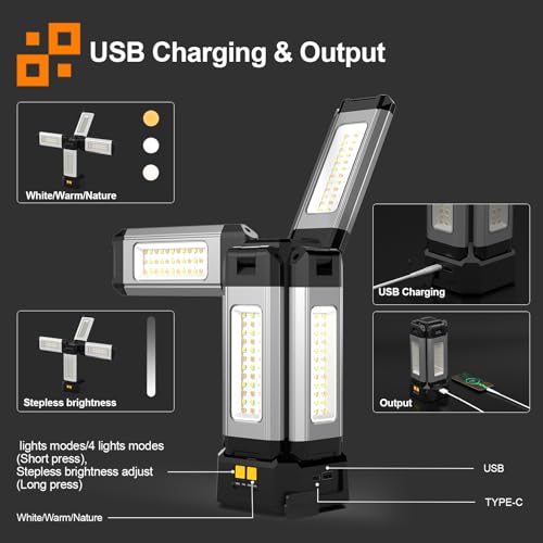 IODOO 13200mAh Rechargeable Aluminum Work Light , IPX4 Waterproofwith Folding Stand Support and Portable Carrying Bag, 8000 Lumen Stepless Dimmable , 3 Lighting Modes, White/Warm/Nature White