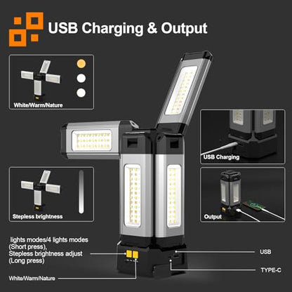 IODOO 13200mAh Rechargeable Aluminum Work Light , IPX4 Waterproofwith Folding Stand Support and Portable Carrying Bag, 8000 Lumen Stepless Dimmable , 3 Lighting Modes, White/Warm/Nature White