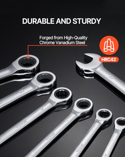 VEVOR Combination Wrench Set, 30-Piece Ratcheting Wrench Set with Organizer Rack, Cr-V Steel Wrench Set SAE 1/4" to 1", Metric 8 mm to 24 mm, Ideal for General Household, Garage, Workshop, Emergency | SAE 1/4" to 1", Metric 8 mm to 24 mm, Cr-V Steel, with