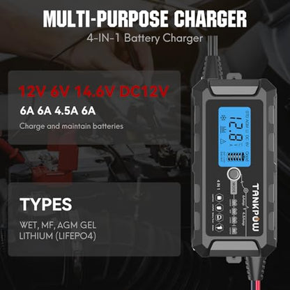 6V/12V 6A Automatic Battery Charger,Smart Battery Charger with Overcharge Protection,Trickle Charger Maintainer and Desulfator for Lead Acid & Lithium(LiFePO4) Deep Cycle Batteries