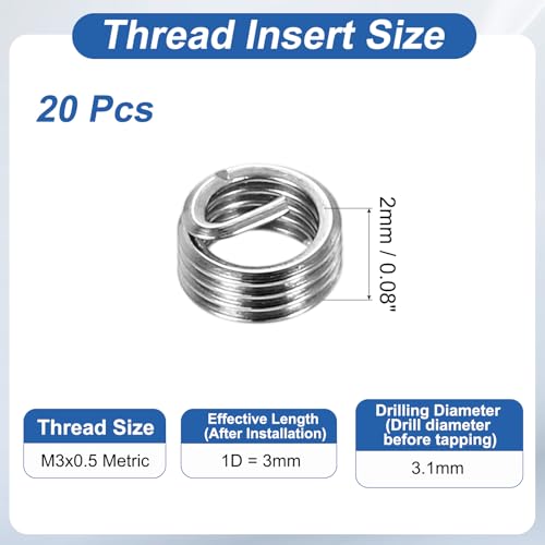 PATIKIL Wire Thread Inserts M3x0.5 Metric 1D 3mm, 20Pcs 304 Stainless Steel Helical Coiled Wire Screw Threaded Sleeve Sheath for Mechanical Equipment Automotive Repairs - size: M3x0.5, 3mm