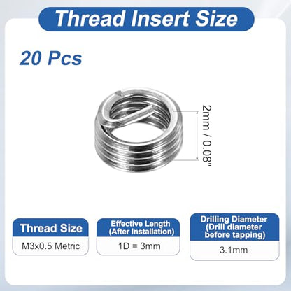 PATIKIL Wire Thread Inserts M3x0.5 Metric 1D 3mm, 20Pcs 304 Stainless Steel Helical Coiled Wire Screw Threaded Sleeve Sheath for Mechanical Equipment Automotive Repairs - size: M3x0.5, 3mm