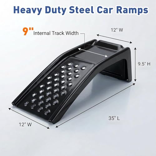 Heavy Duty Car Ramps for Oil Changes, 2 Pack Solid Steel Vehicle Ramps, 8,000 LBS Capacity Per Pair, 35" x 12" x 9.5", Auto Service Ramps, 9" Tire Track Width, Traction Hole Surface, Black - color: Black