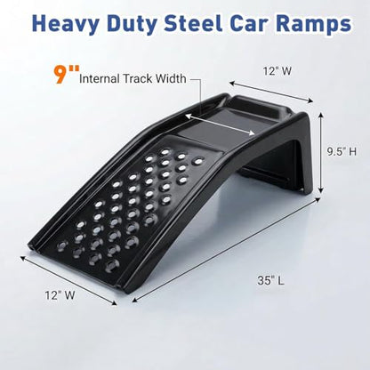 Heavy Duty Car Ramps for Oil Changes, 2 Pack Solid Steel Vehicle Ramps, 8,000 LBS Capacity Per Pair, 35" x 12" x 9.5", Auto Service Ramps, 9" Tire Track Width, Traction Hole Surface, Black - color: Black