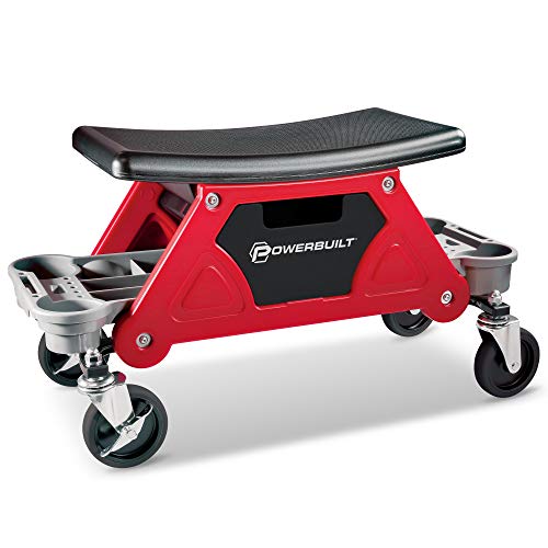 Powerbuilt Heavy Duty Roller Mechanics Seat and Brake Stool with 4-in. Rubber Swivel Casters Roll Over Anything, Big Seating Platform, Slide Out Tool Trays and Drawer 300 lb. Capacity – 240036 - style: Industrial