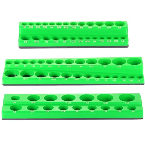 HARFINGTON 3pcs Magnetic Socket Organizer 1/4" 3/8" 1/2" Drive SAE Socket Holder Tray Socket Storage Rack Holds 68 Standard and Deep Size Sockets, Green - color: Green