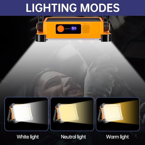 150W Solar Rechargeable Work Light, 180 LED 10000LM Portable Flood Light, IP65 Waterproof 3 Modes, with Stand, for Job Site Home Repair Camping Fishing Garage Workshop Emergency