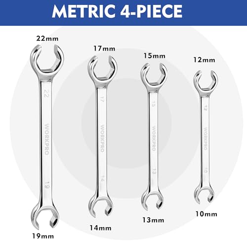 WORKPRO 4-Piece Flare Nut Wrench Set, Metric Brake Line Wrenches 10, 12, 13, 14, 15, 17, 19, 22mm, Cr-V Steel, 15° Offset Head Tubing Wrench, Organizer Pouch Included - size: Metric