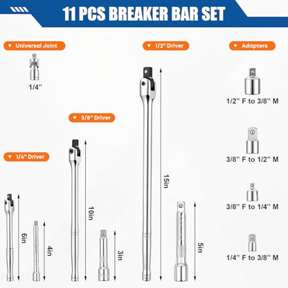 11Pcs Breaker Bar Set | 1/4”, 3/8” and 1/2” Drive, 180 Degree Rotatable Head, 4 Socket Adapters and 1/4" Universal Joint, Cr-V