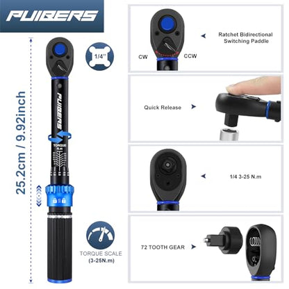 1/4'' Newton Meter Torque Wrench, Bike Torque Wrench 1/4 3-25 NM/22.6-221.3 IN.LB，Dual-Direction Adjustable 72 Tooth Drive Small Torque Wrenches for Bike, Motorcycle and Car Repair - size: 1/4" 1.88-18.44 FT.LB