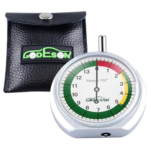 GODESON Tire Tread Depth Gauge,Dial Type Tire Depth Gauge in 32nds,Color-Coded and Easy Reading Tread Depth Gauge Professional for Motorcycle, Car,Truck and Bus, Silver Powder-Coated Zinc Alloy Casing - size: 1 Pack, style: INCH-SILVER