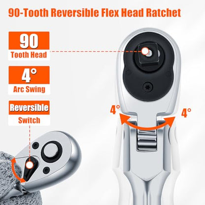 Matework 7Pcs Flex Head Ratchet Set, 1/4”, 3/8” and 1/2” Drive Swivel Ratchet Wrench with 180° Flex Head, 90 Tooth, Quick-Release, Extra Long Handle Ratchet with Extension Bar and EVA Foam, CR-V Steel - size: 7pcs 90T Flex Head Ratchet Set