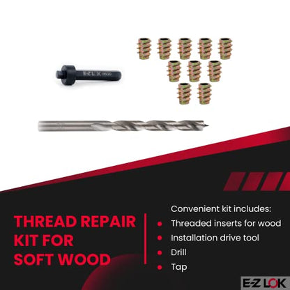 E-Z Hex Thread Repair Kit for Soft Wood Flush Threaded Inserts 10-32 x 13mm, Drill, Installation Tool - size: 10-32 x 13mm, style: Flush