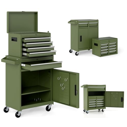 Goplus Tool Chest, 5 Drawers Rolling Tool Cabinet with Detachable Top Toolbox, Universal Lockable Wheels, Lock Bar, Protective Liner & Tool Rack, Metal Tool Storage Cart, Tool Box for Garage Workshop - color: Olive Green, style: 5-Drawers