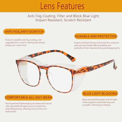 Feaglo Safety Glasses, Anti Fog Safety Goggles for Women Men, Blue Light Blocking Stylish Eye Protection Glasses Side Shield - color: Black+tea+transparent