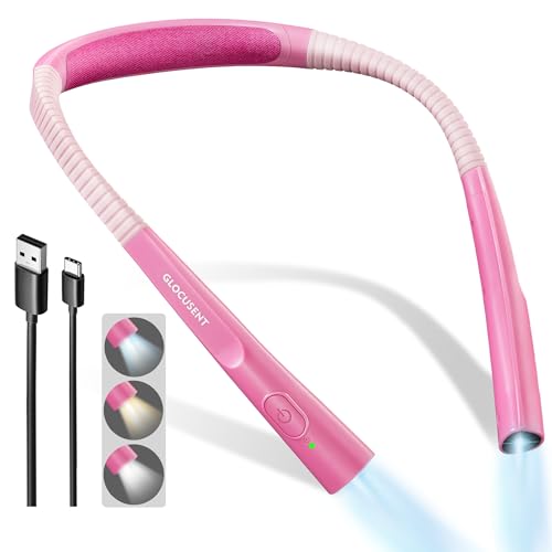 Glocusent Upgraded LED Neck Reading Light, Book Light for Reading in Bed, 30-min Timer, 3 Colors & 3 Brightness Adjustable, Rechargeable & Long Lasting, Perfect for Reading, Knitting - color: Light Pink, size: Slim-Medium