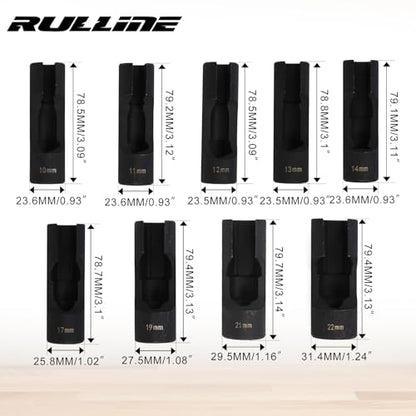 RULLINE 9pcs Flare Nut Socket Set Upgraded Steel for Automotive and Mechanical Applications 1/2" square drive