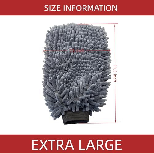 Grey Extra Large Size 7.5" X 11.5" Chenille Premium Scratch Free Microfiber Wash Mitt for Car Washing, Ultra-Soft Car Wash Glove, Swirl Free Finish, Safe for Trucks, SUVs, Motos, and More