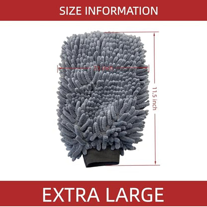 Grey Extra Large Size 7.5" X 11.5" Chenille Premium Scratch Free Microfiber Wash Mitt for Car Washing, Ultra-Soft Car Wash Glove, Swirl Free Finish, Safe for Trucks, SUVs, Motos, and More