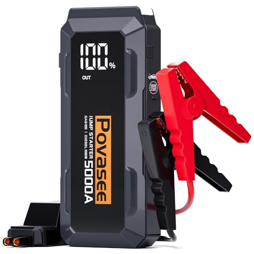 5000A Jump Starter | Povasee A40 Car Battery Jump Starter, 12V Portable Power Pack for All Gas & 10L Diesel Engines, with 3" LCD Display, Dual USB Output & Multi-Mode LED Light - style: 5000A