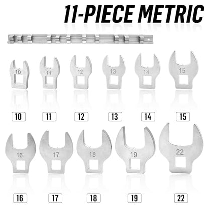 3/8 Inch Drive Crowfoot Wrench Set,11Pcs Metric Crows Foot Wrenches with Clip-on Organizer 10-22mm Ratcheting Flare Nut Open End Wrench Tool for Mechanics Automotive Repair Work
