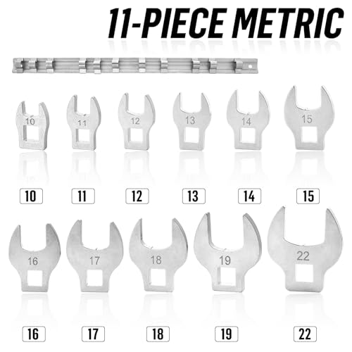 3/8 Inch Drive Crowfoot Wrench Set,11 Pieces Metric Crows Foot Wrenches with Clip-on Organizer Flare Nut Open End Wrench Tool for Mechanics Automotive Repair Work Hard-To-Reach Areas