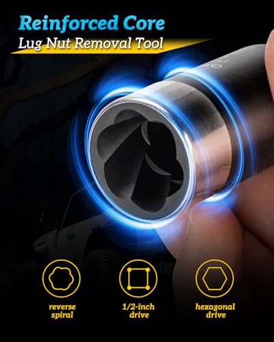 Locking Lug Nut Removal Tool 6 Pieces Deep Lug Nut Extractor Set | Stripped Lug Nut Remover, 1/2" Drive, 17/19/21/22MM, Wheel Lock Removal Kit, For Broken Bolts and Nuts